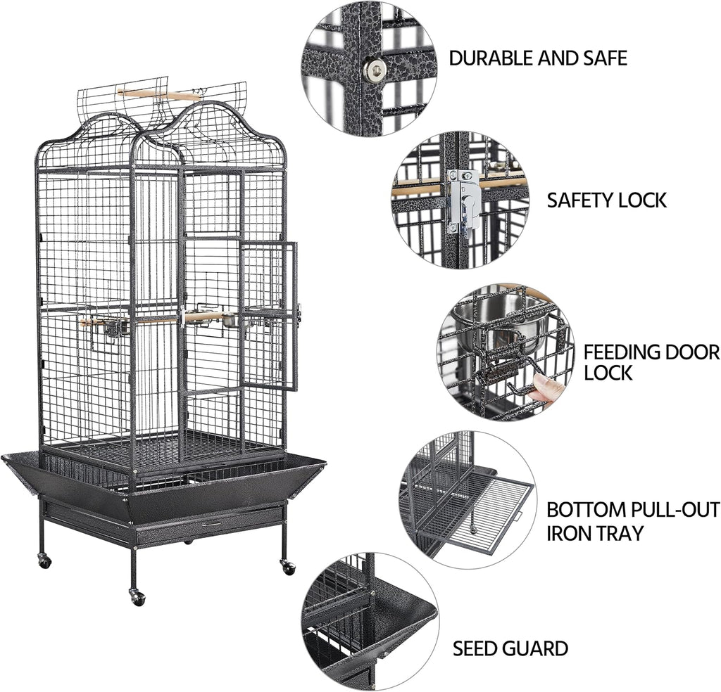 Extra Large Bird Cage 63'' Open Play Top Bird Cage for African Grey Parrots/Amazon Parrot/Caiques/Macaw with 360° Wheels