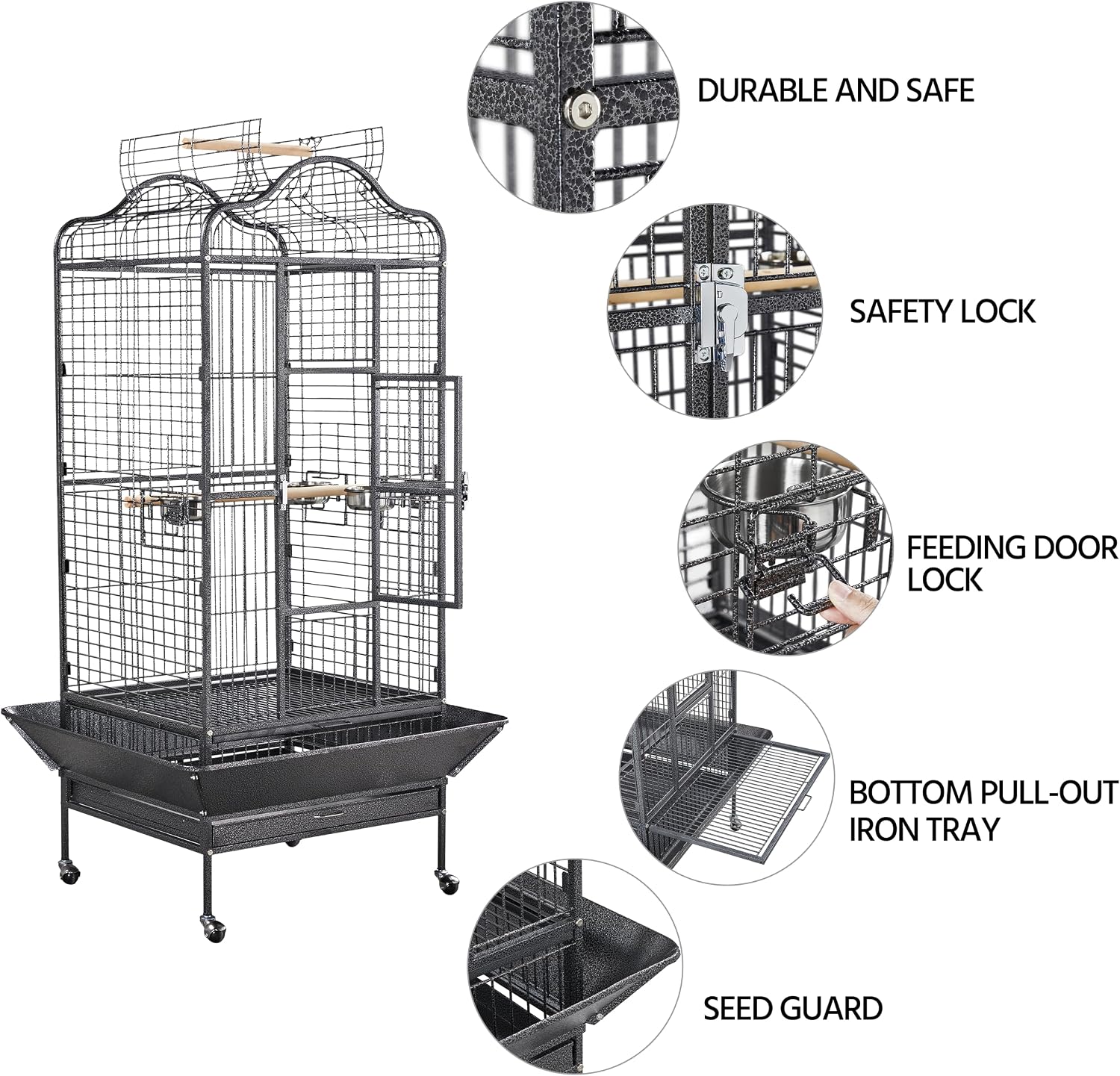 Extra Large Bird Cage 63'' Open Play Top Bird Cage for African Grey Parrots/Amazon Parrot/Caiques/Macaw with 360° Wheels