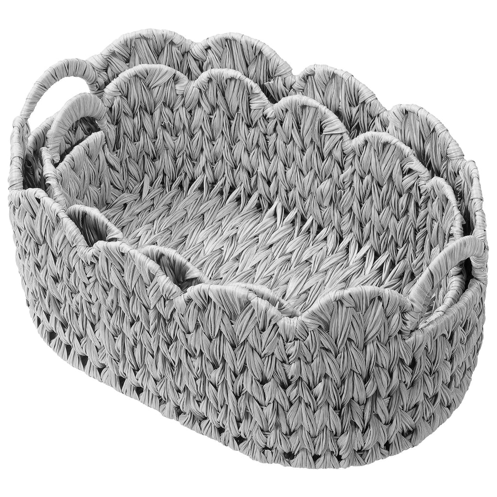 Set of 2 Scalloped Baskets, Small Wicker Baskets for Gifts, Grey