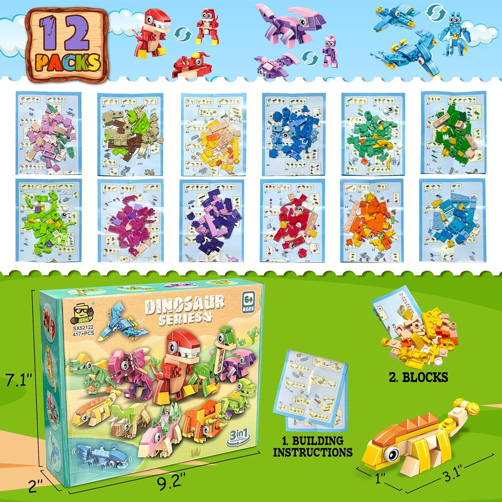 12 Packs Dinosaur Party Favors for Kids - 417 PCS Mini Dinosaur Building Blocks Set Toys for Boys Kids Easter