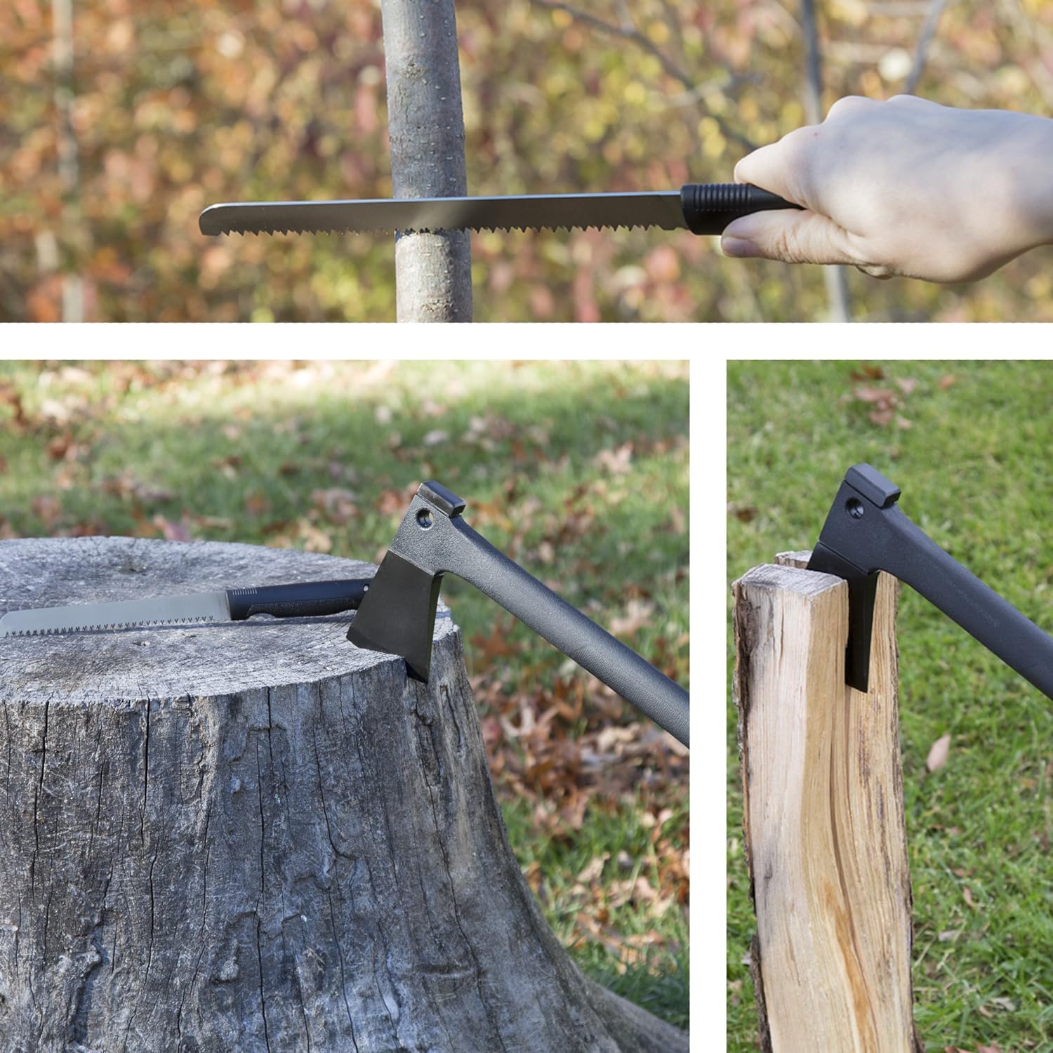 Camping Hand Axe and Survival Gear - Lightweight Hatchet with Nested Serrated Wood Saw Knife and Magnesium Fire
