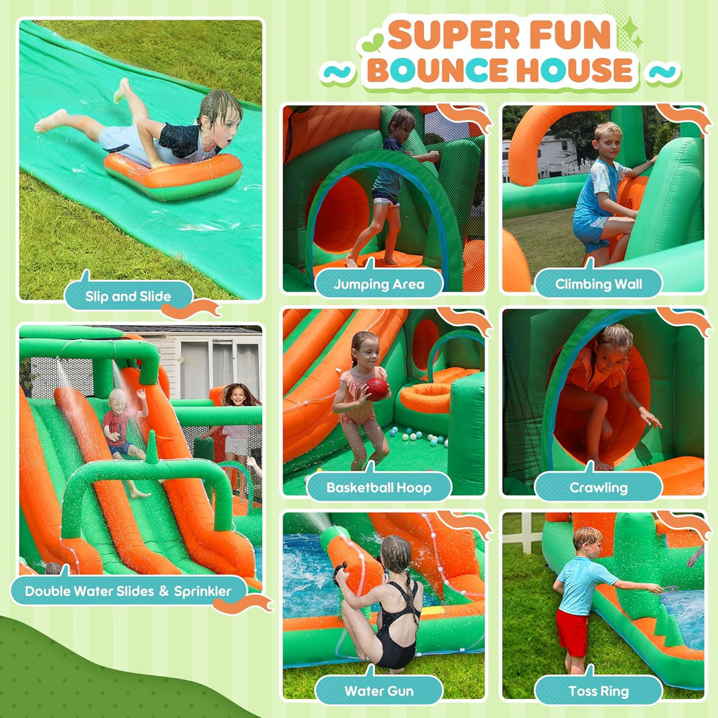 Inflatable Water Slide with 2 Bounce Houses, Mega 10-in-1 Water Park for Kids Backyard with Dual Racing Slides and 6m