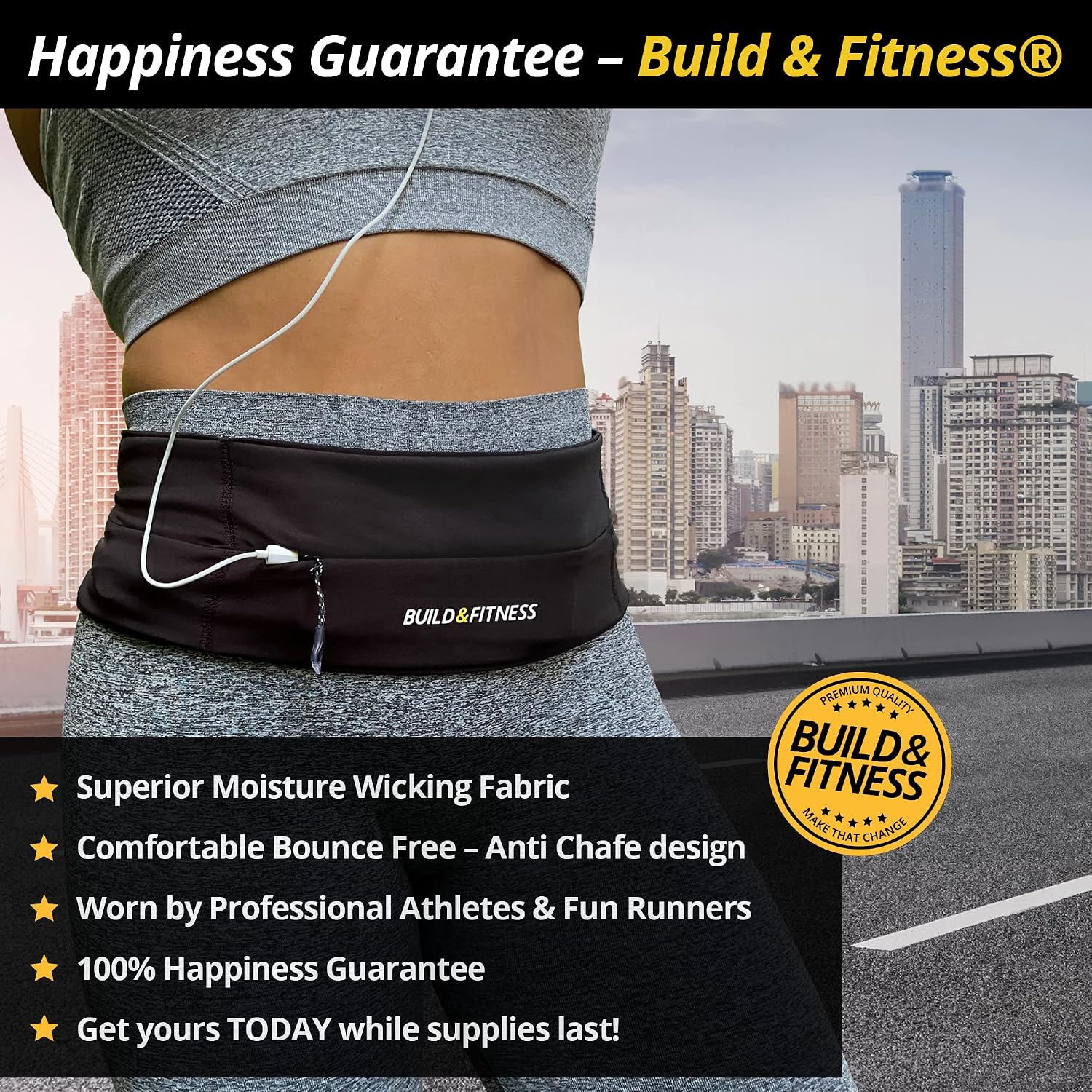 Zipper Running Belt – Adjustable Waist Pack, Slim, Light, YKK Zip, Secure Key Clip – Fits ALL Cell Phones, Keys