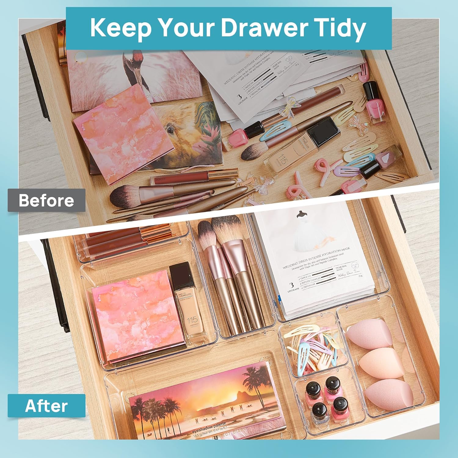 44 PCS Clear Plastic Drawer Organizers Set, 4-Size Versatile Bathroom and Vanity Organizer Trays, Non-Slip Storage