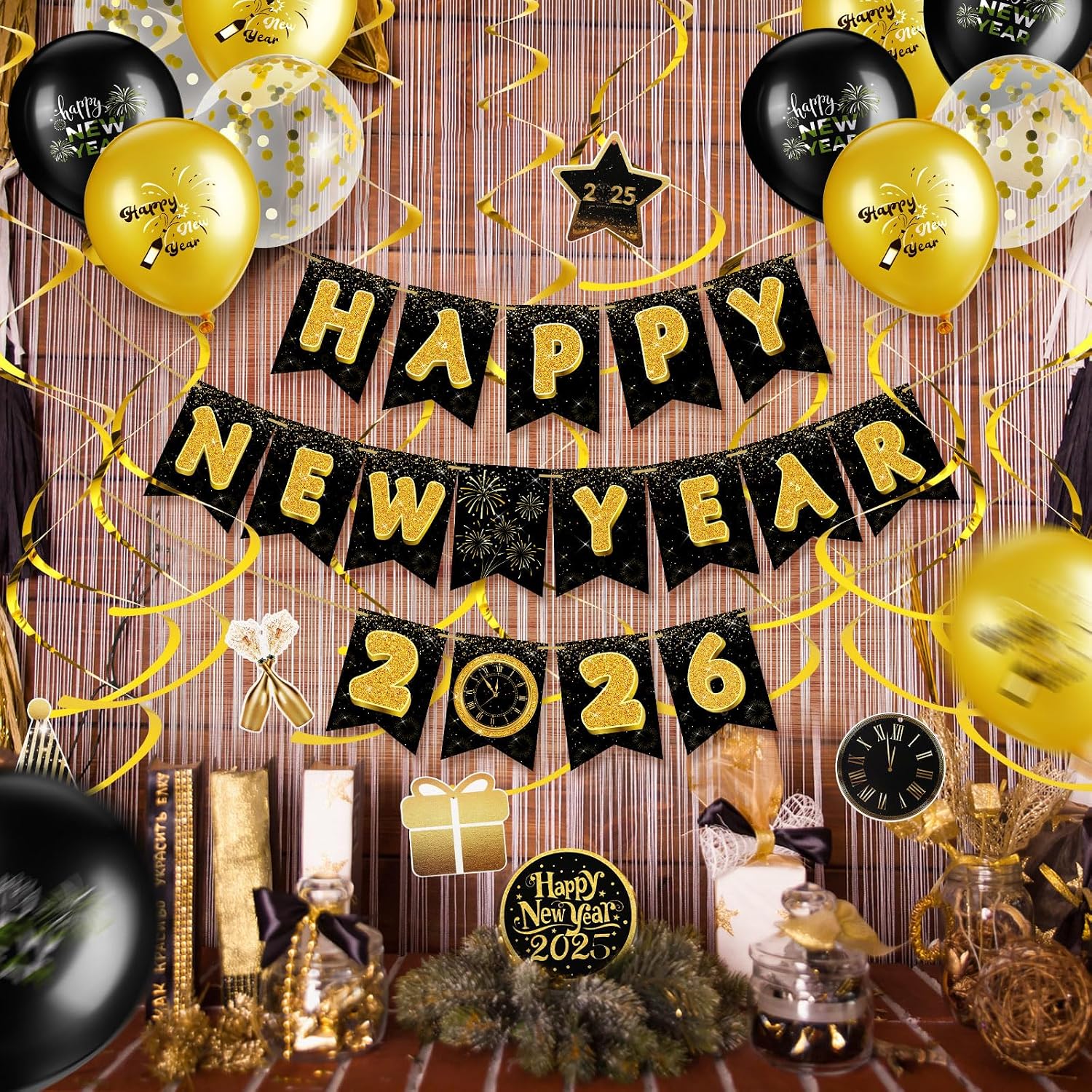 2026 New Years Eve Party Decoration Supplies Happy New Year Banner Gold and Black Hanging Swirls Balloons Cake