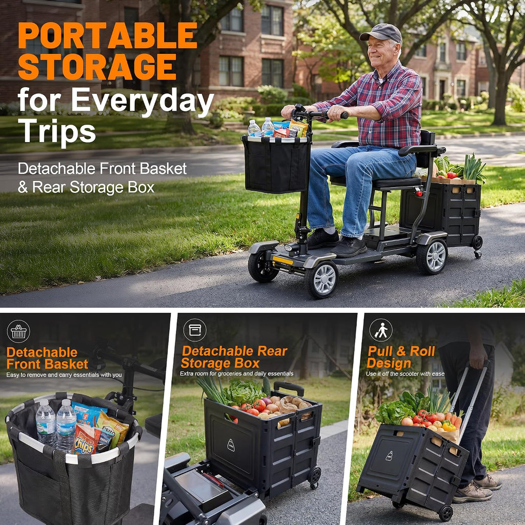 Lightweight Mobility Scooters for Seniors and Adults, Foldable 4-Wheel Motorized Scooter with Storage Crate & Basket