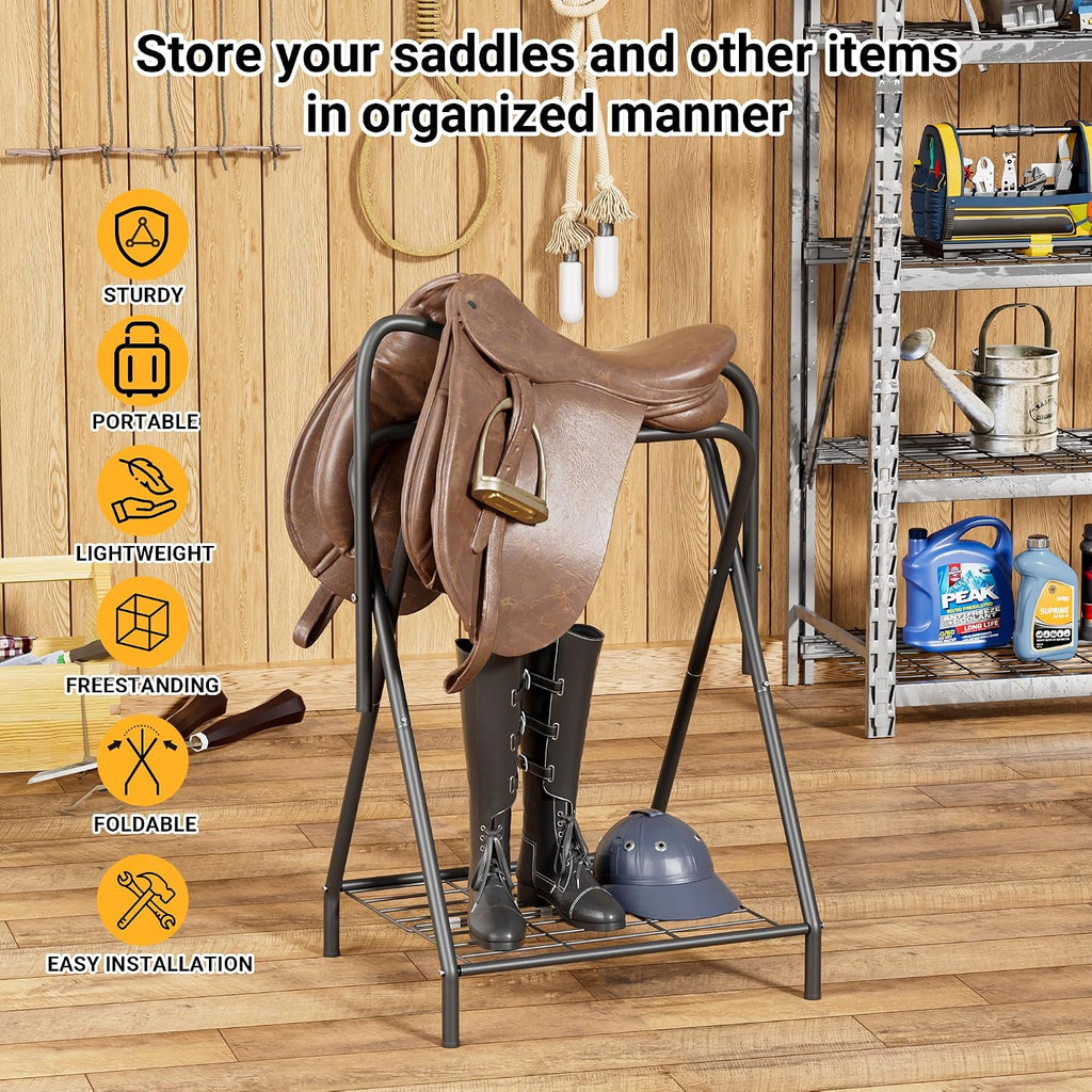 Foldable Saddle Rack with Bottom Storage Shelf – Heavy Duty Horse Saddle Stand for English & Western Saddles