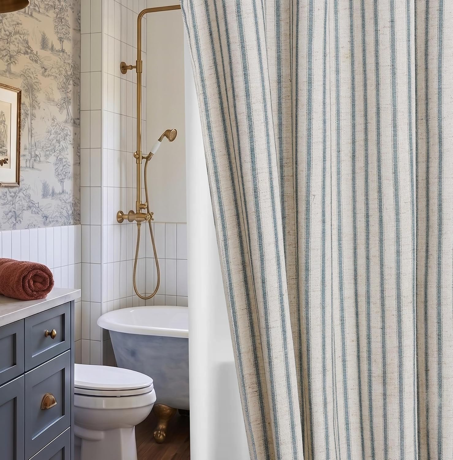 Farmhouse Striped Shower Curtain Set, Linen Blend Fabric with Detachable Polyester Liner, Breathable & Machine