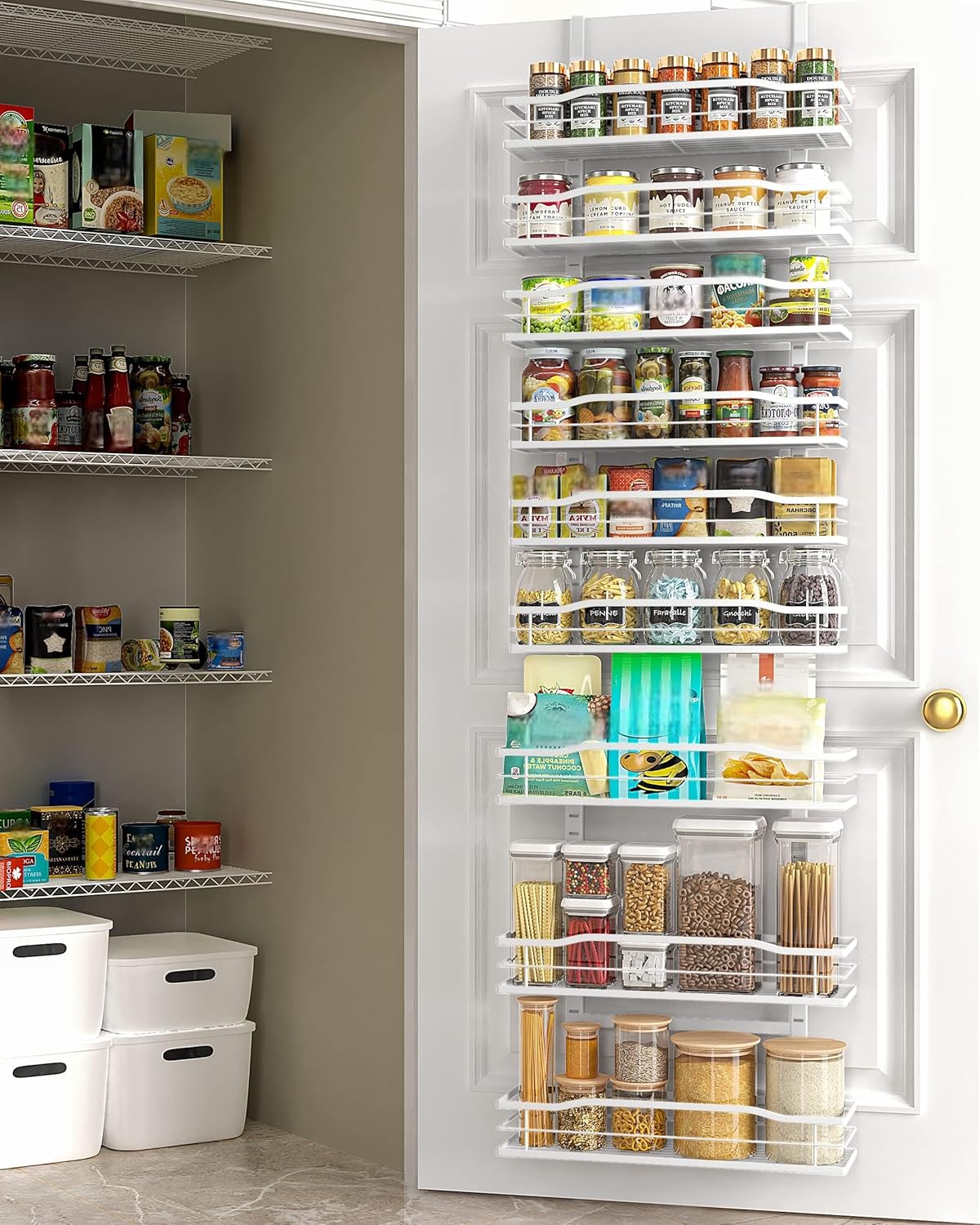 White 9-Tier Over The Door Pantry Organizer, Pantry Organization And Storage, Metal Hanging Spice Rack Shelves Door