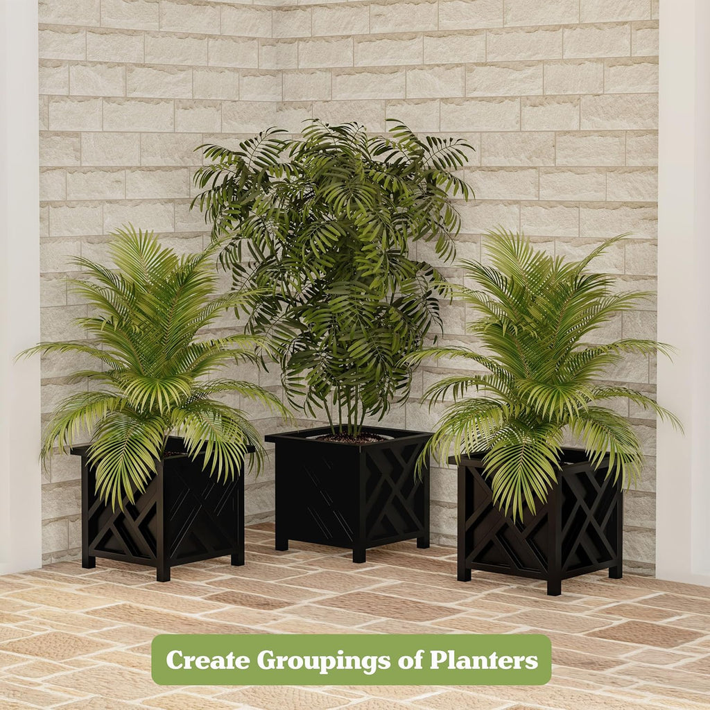 Lattice Design Outdoor Planter Box - 14.75” Square 13” Tall Black Plant Pot - Decorative Plant Pots for Front Porch