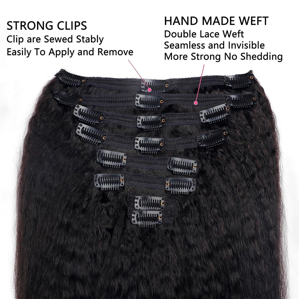 Kinky Straight Clip in Hair Extensions Real Human Hair Clip ins Natural Black Double Weft Clip ins for Women 12 Inch