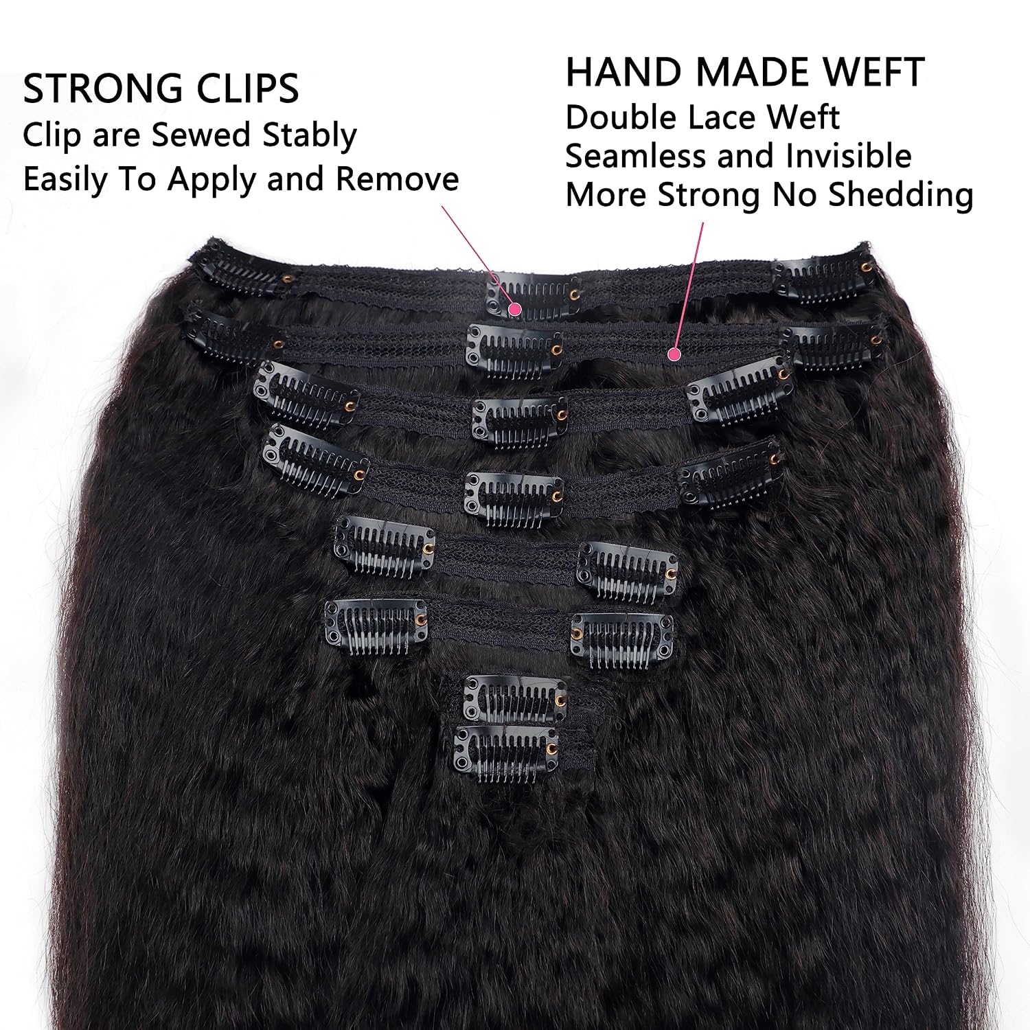 Kinky Straight Clip in Hair Extensions Real Human Hair Clip ins Natural Black Double Weft Clip ins for Women 12 Inch