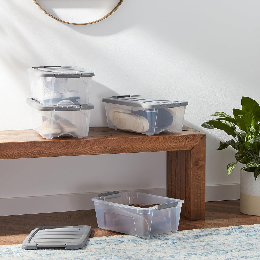 Plastic Storage Containers with Secure Latching Lids, Stackable Organization Bins, Clear/Grey, 12 Quart, Set of 6