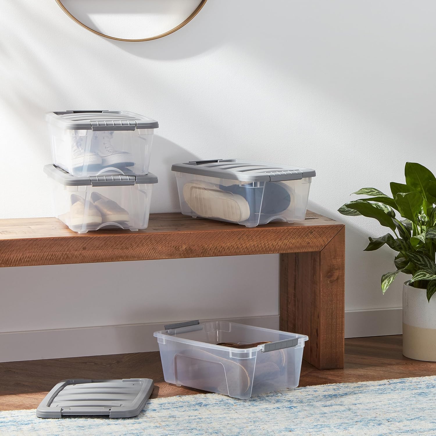 Plastic Storage Containers with Secure Latching Lids, Stackable Organization Bins, Clear/Grey, 12 Quart, Set of 6