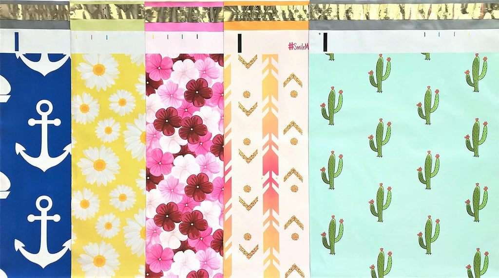 Designer Poly Mailers 10x13: Sample Variety Pack ~ Anchor, Daisy, Hibiscus, Arrow, Cactus, Pink & Mint Aloha