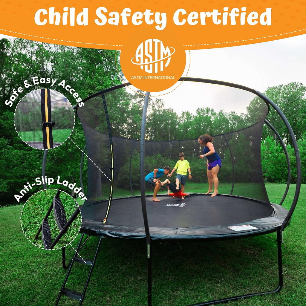 Trampoline Outdoor 8FT 10FT 12FT 14FT 15FT 16FT with Enclosure, Non-Slip Ladder & Anti-Rust Coated Frame, ASTM