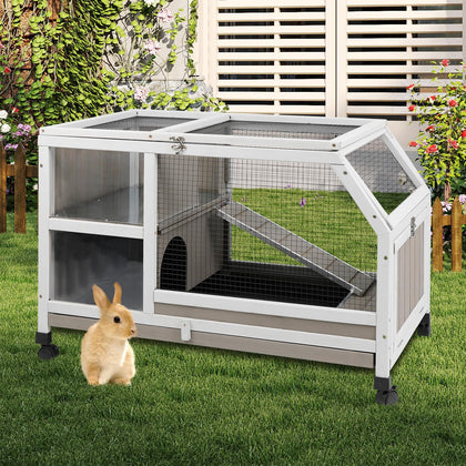 36" L Rabbit Hutch with Run, 2-Story Bunny Cage with Divider Panel | Pull-Out Tray, Wooden Small Animal Habitat with