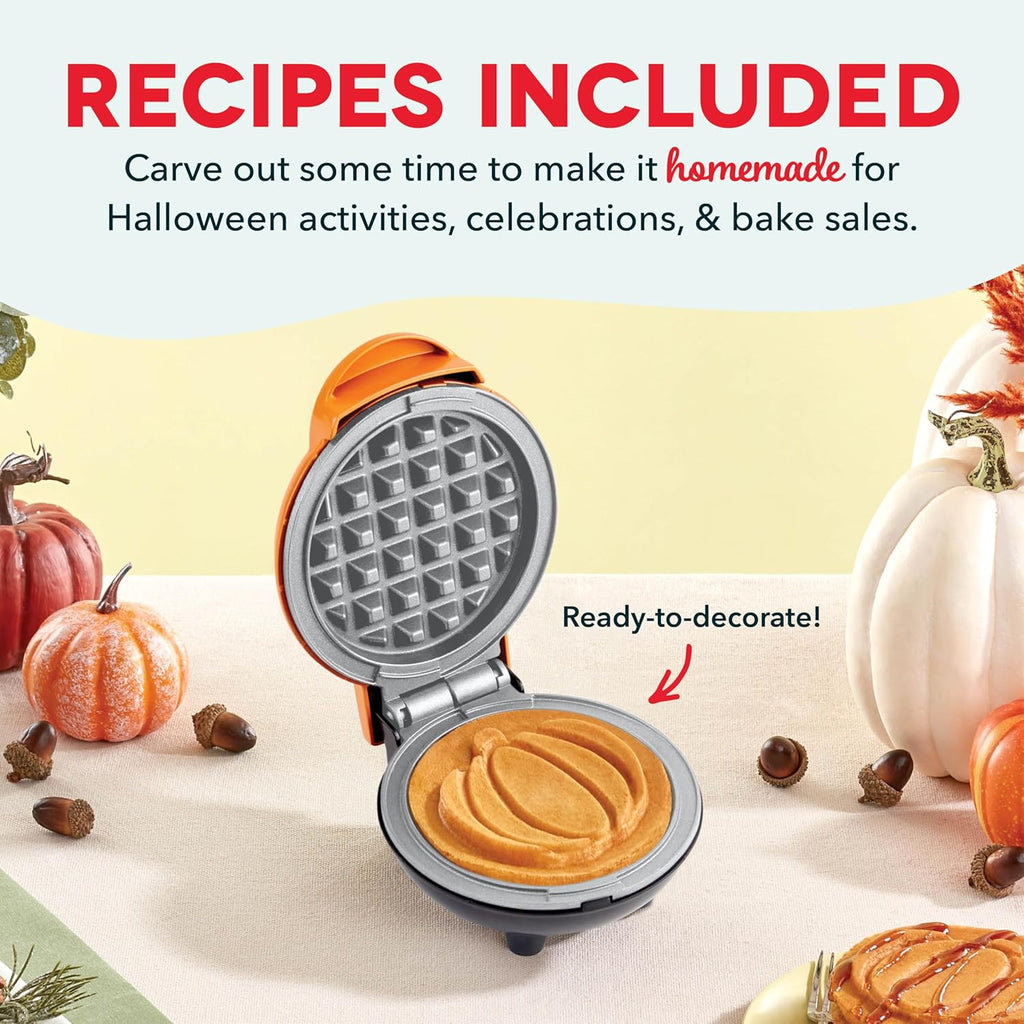 Pumpkin Mini Waffle Maker, 4-Inch Nonstick Cooking Surface, Orange