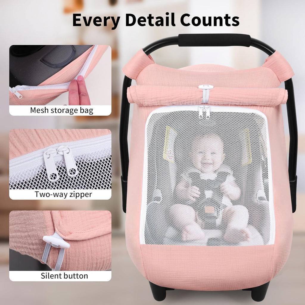 Car Seat Cover Baby, Carseat Covers Girl Boy, Breathable Muslin Cotton, Large Mesh Window, Infant Car Seat Canopy