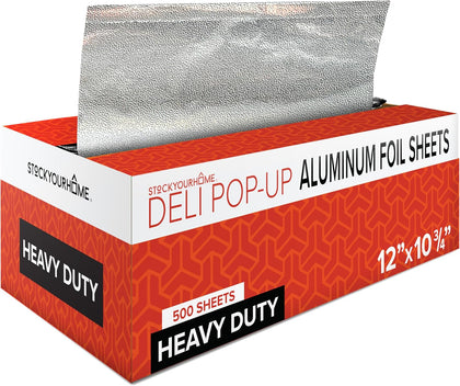 12' Ultra Heavy Duty Pop Up Deli Aluminum Foil, 500 Pre-Cut Sheets, Ideal for Restaurant, Food, Burrito, Hot Dog or