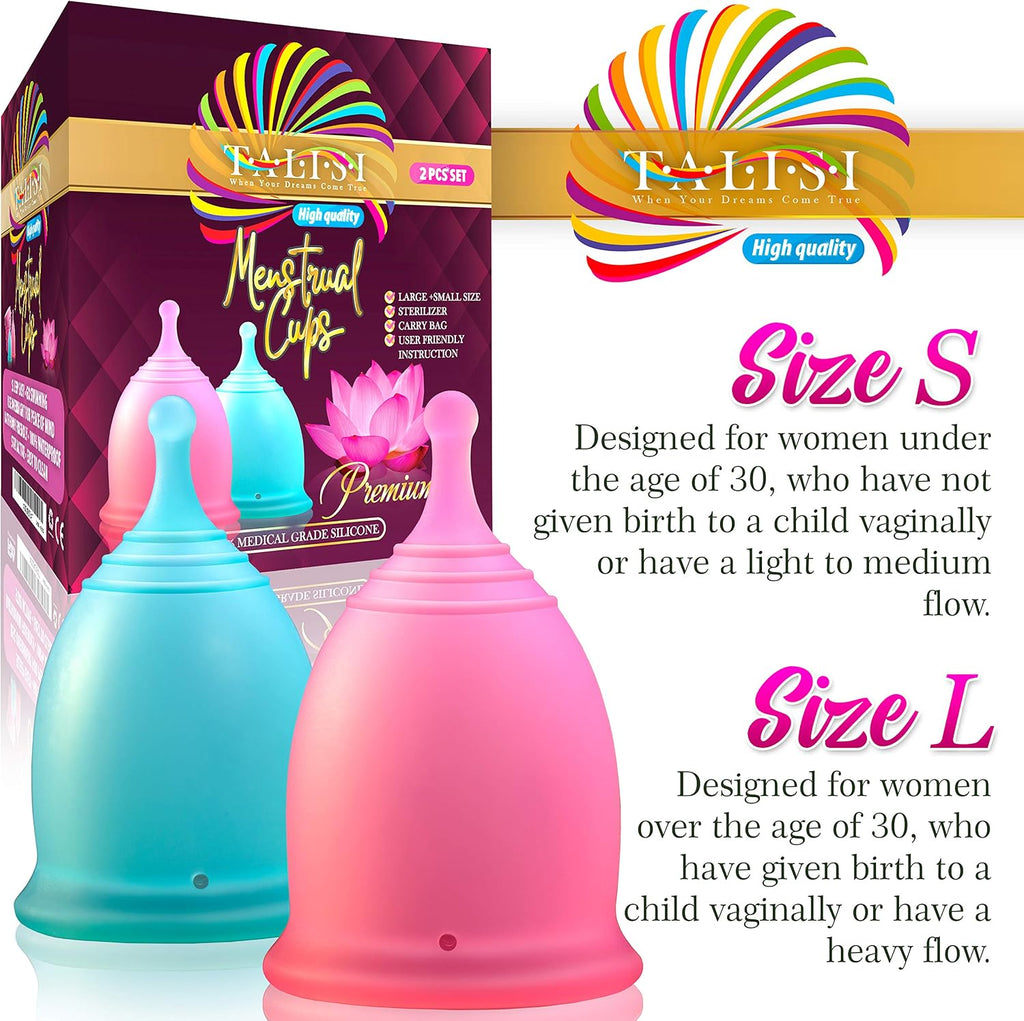 Talisi Menstrual Cups Set of 2 with Collapsible Silicone Foldable Sterilizing Cup - Tampon and Pad Alternative