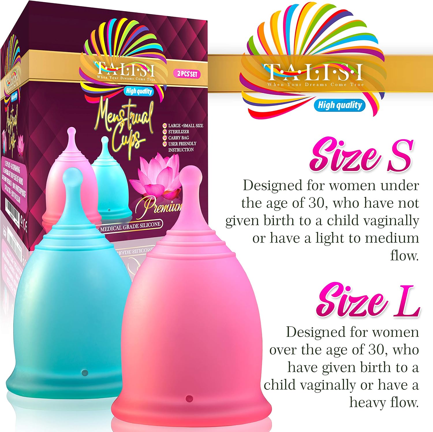 Talisi Menstrual Cups Set of 2 with Collapsible Silicone Foldable Sterilizing Cup - Tampon and Pad Alternative