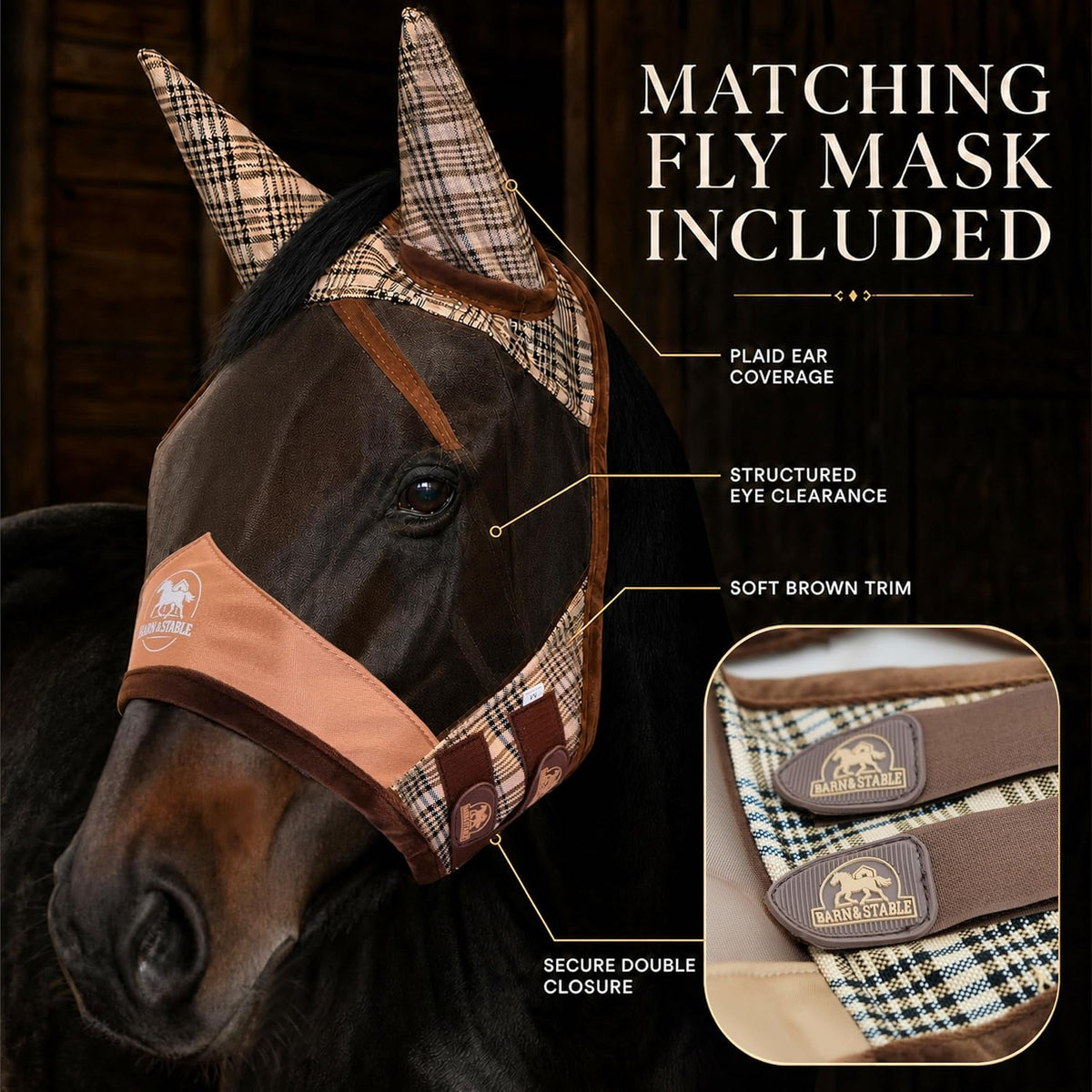 Cotton-Poly Plaid Horse Stable Blanket with Horse Mask