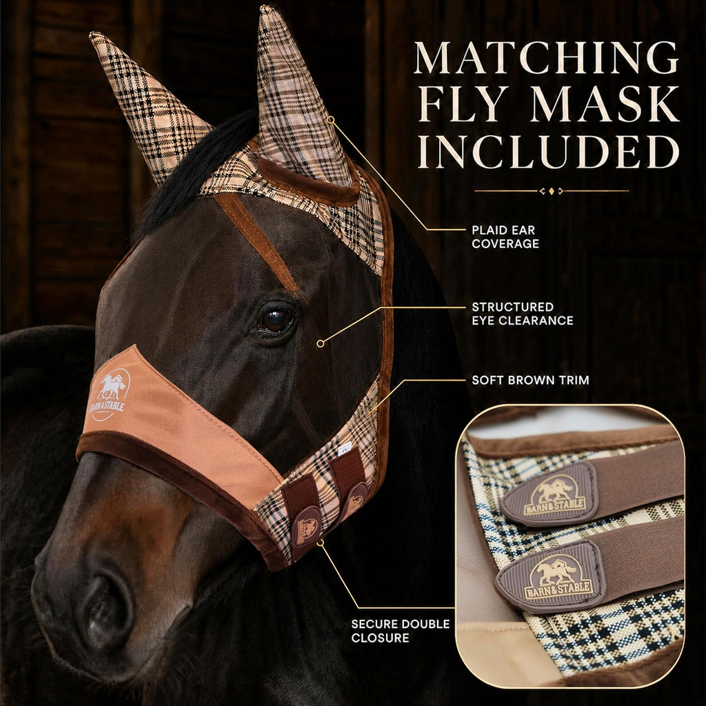 Cotton-Poly Plaid Horse Stable Blanket with Horse Mask