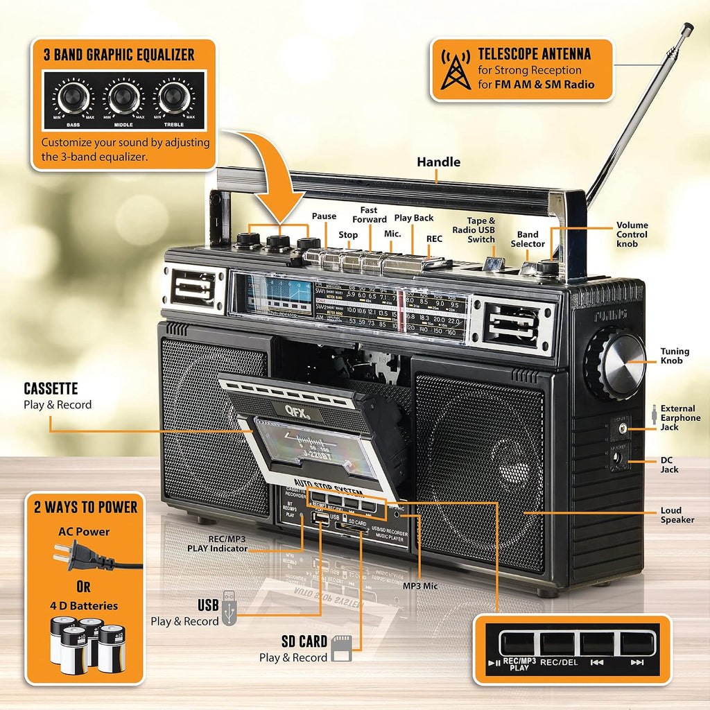 Retro Bluetooth Boombox Cassette Tape Player Recorder, J-220BT, Black | Portable, Dual 3" Speakers, AM/FM/SW1/SW2