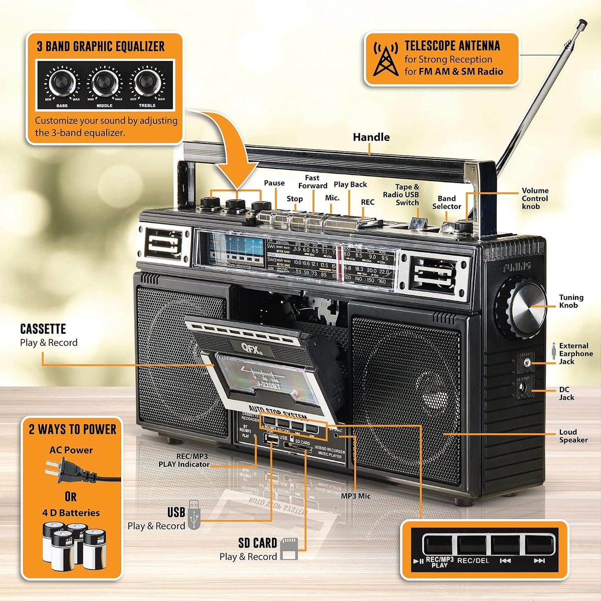 Retro Bluetooth Boombox Cassette Tape Player Recorder, J-220BT, Black | Portable, Dual 3" Speakers, AM/FM/SW1/SW2