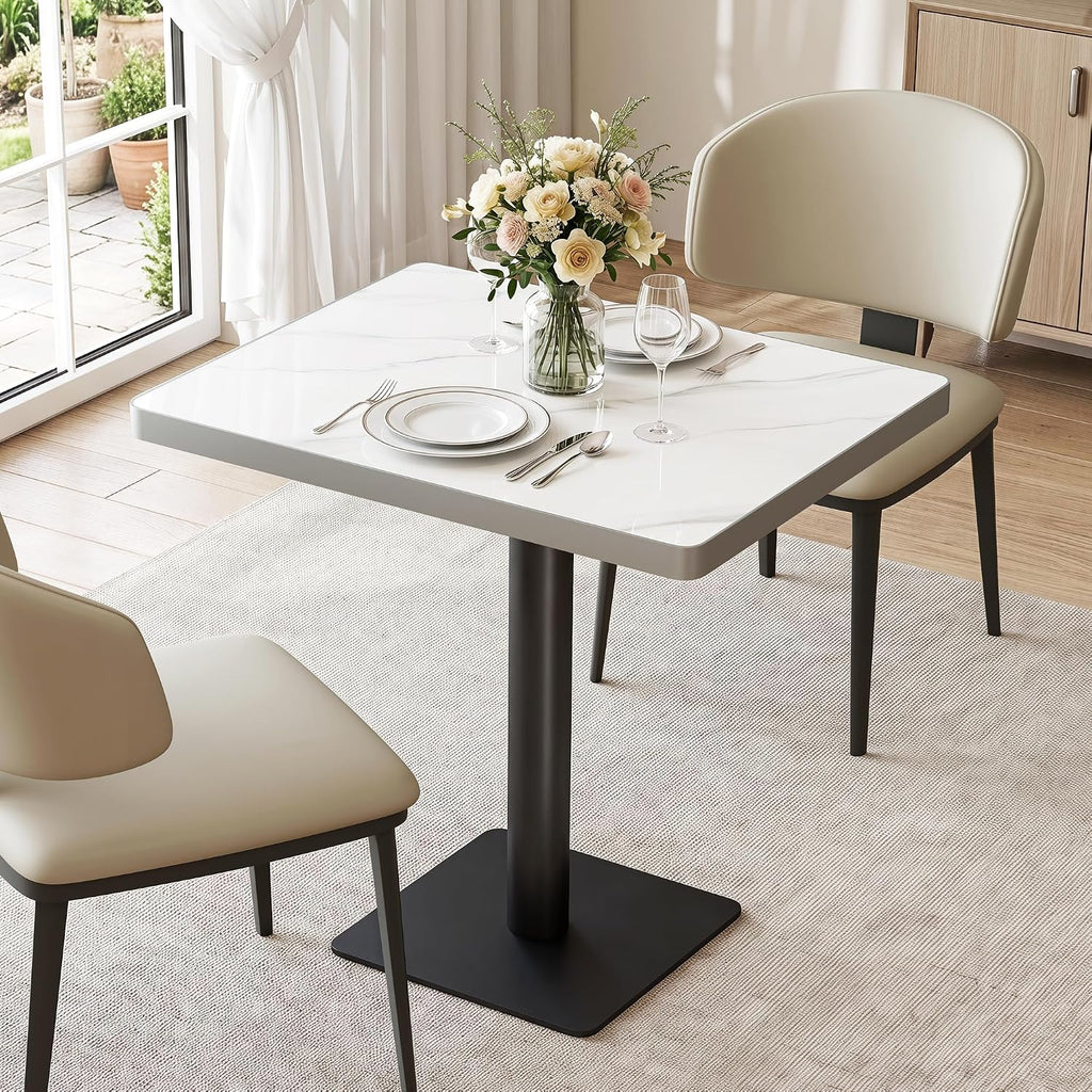 Sintered Stone Square Dining Table for 4, 30 Inch White Marble Kitchen Table, Waterproof Heat Resistant with Black