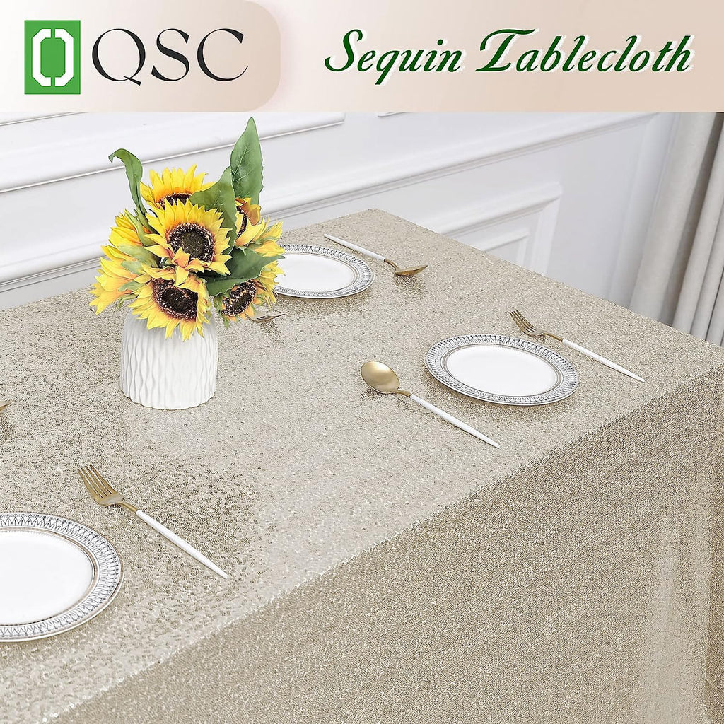 OQSQ Champagne Rectangle Sequin Tablecloth - 60x102 inch, Glitter Drape Table Cloth, Sparkle Sequence Table Overlays