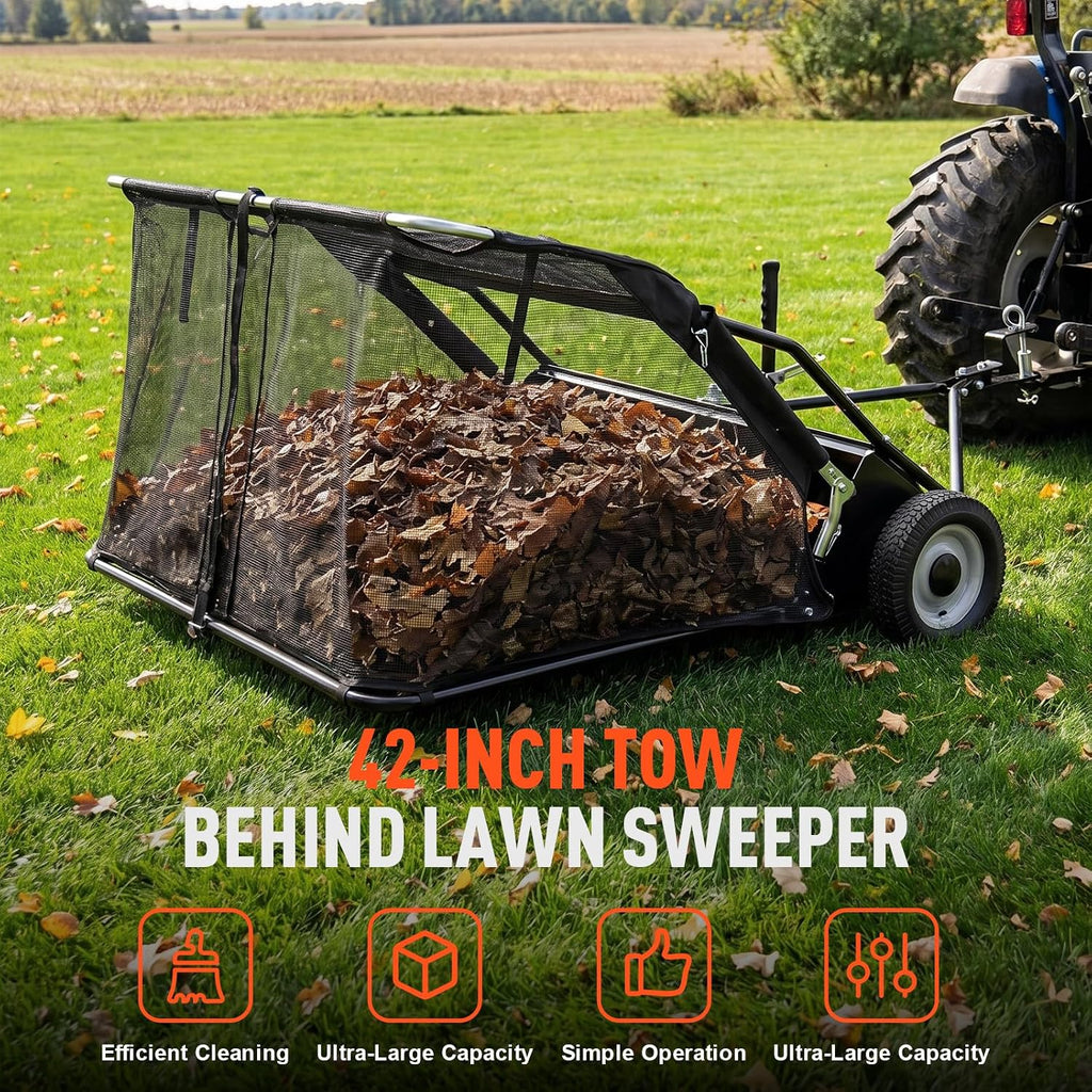 42-Inch Tow Behind Yard Sweeper for Lawn Tractor, 12 Cu.Ft. Large Capacity Leaf & Grass Collector with Adjustable