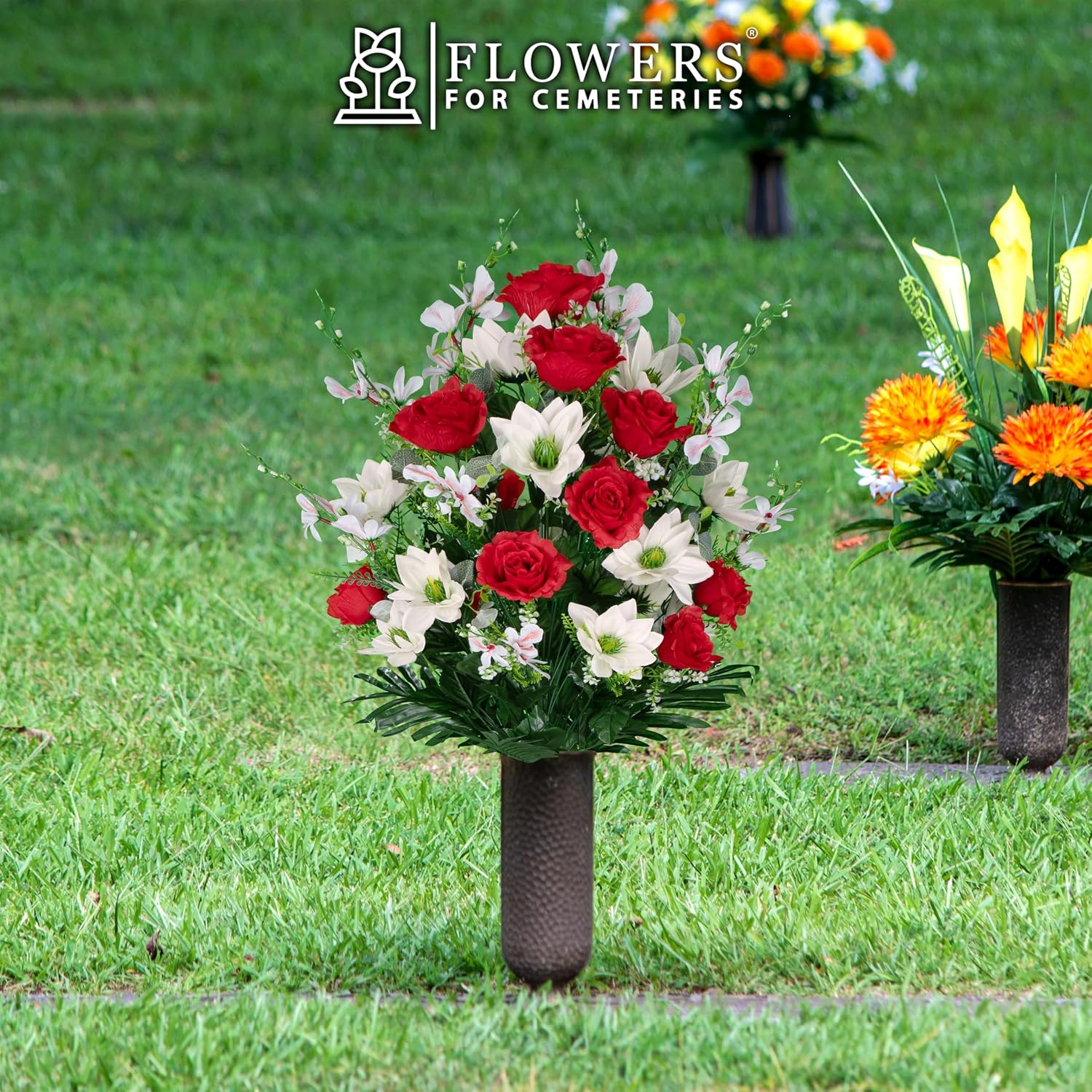 Artificial Cemetery Flowers - Gravesite Flowers - Red Roses and White Lotus - (1) Bouquet