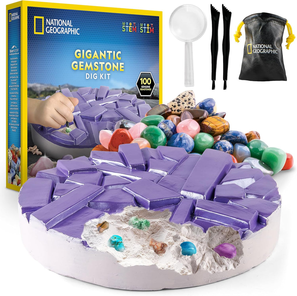 National Geographic Gigantic Gemstone Dig Kit with 100 Real Gems | Giant Dig Brick, Amethyst Quartz and Tiger's Eye
