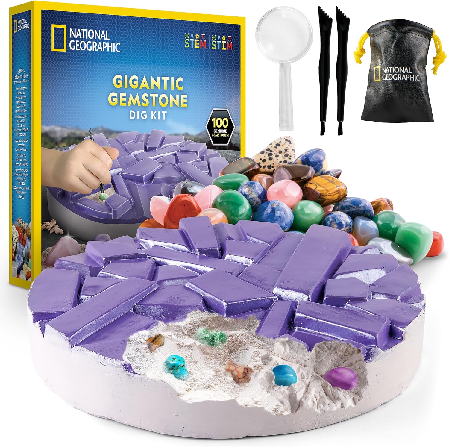 National Geographic Gigantic Gemstone Dig Kit with 100 Real Gems | Giant Dig Brick, Amethyst Quartz and Tiger's Eye