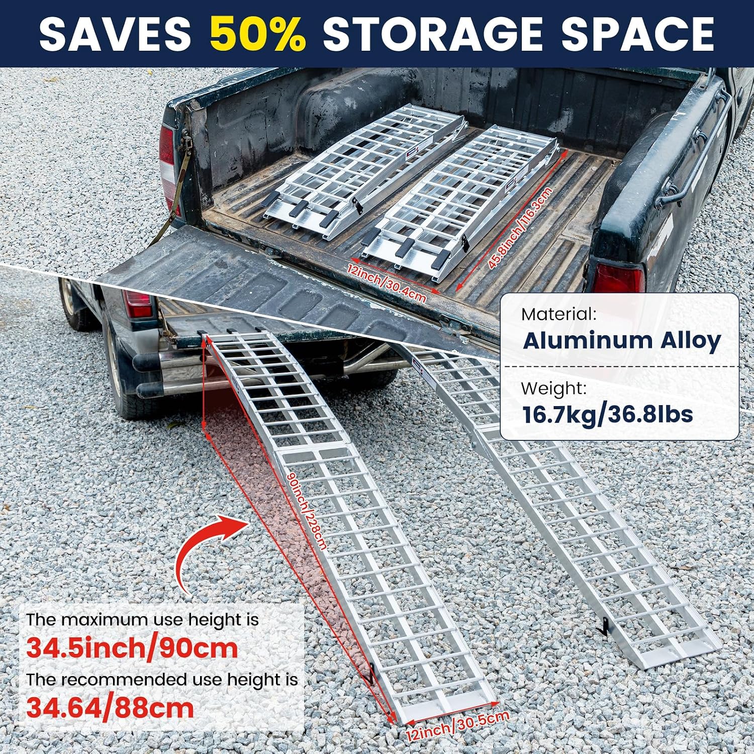 7.5FT Aluminum Loading Ramps, 1800 lbs Max Capacity, Folding Ramps for Pickup Truck & Trailer with Load Straps, for