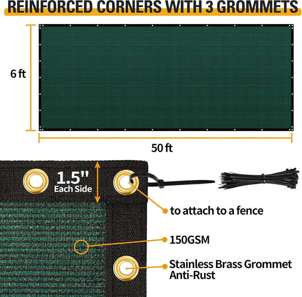 Privacy Fence – 6' x 50' Heavy Duty Privacy Screen with Bindings & Brass Grommets, Commercial & Residential Fence