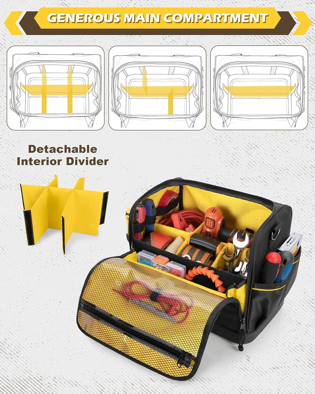 12-Inch Tool Bag with Hard Bottom, Electrician Tool Box Organizer with Detachable Divider, Multi-Purpose Work Tote