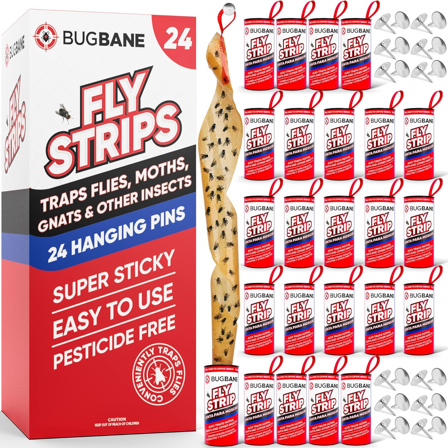 Fly Strips Indoor Sticky Hanging 24pk with Pins. Non Toxic Outdoor Fly Trap Indoor for Home. Flies Tape Paper Trap