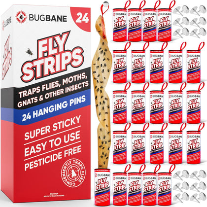 Fly Strips Indoor Sticky Hanging 24pk with Pins. Non Toxic Outdoor Fly Trap Indoor for Home. Flies Tape Paper Trap