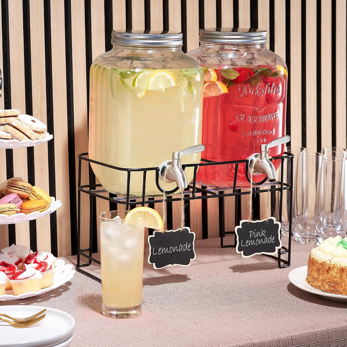 Glass Drink Dispenser with Stand, Steel Spigot, 1 Gallon, 2-Pack