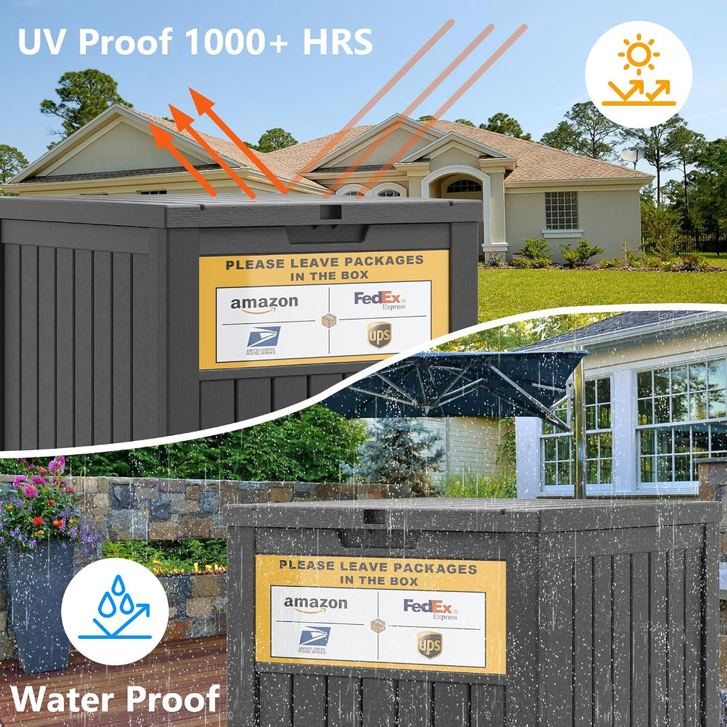 Package Delivery Box for Outside with Sign, 48 Gallon Storage with Lockable Secure, Large Double Wall Resin Outdoor