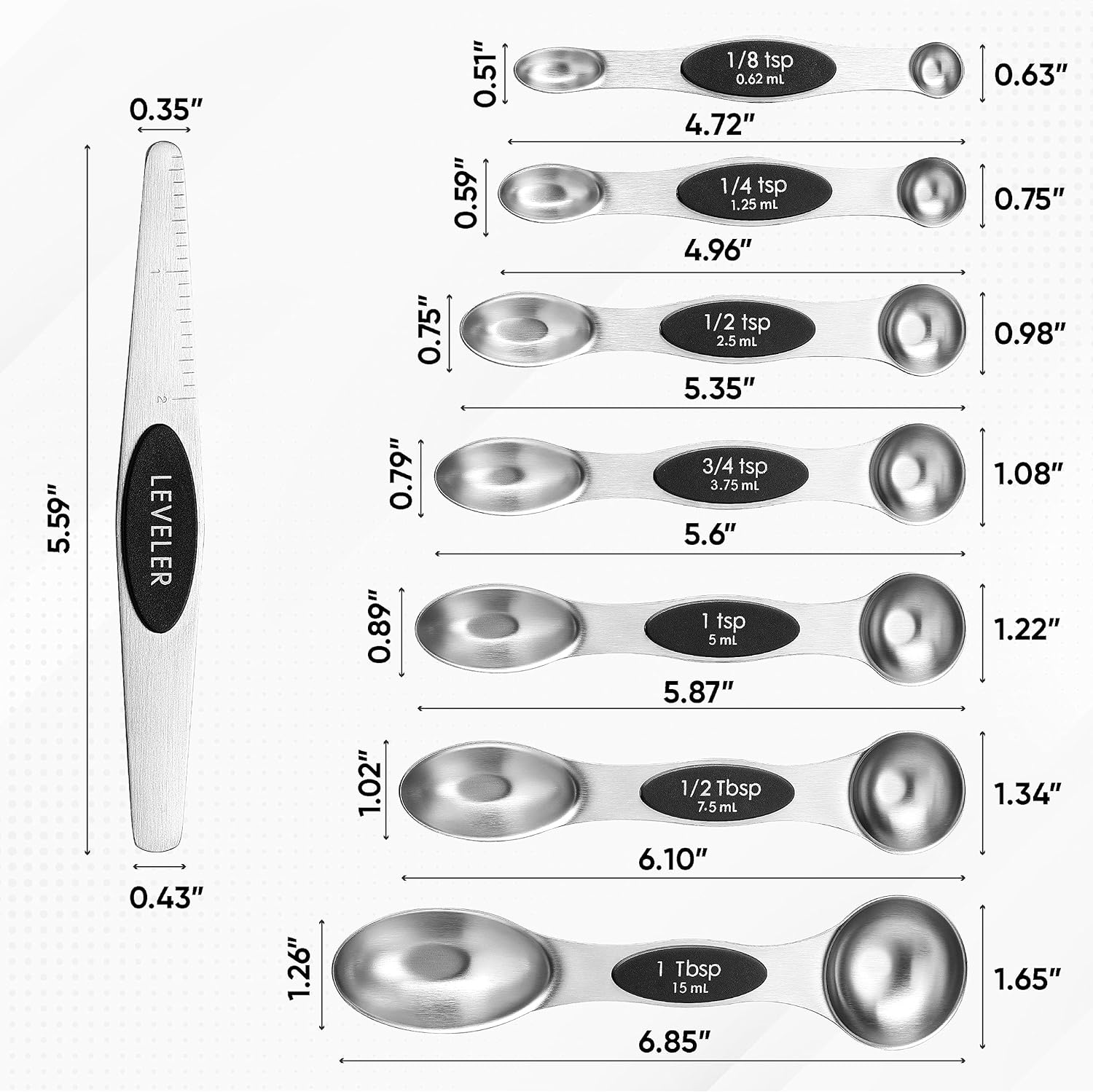 Stainless Steel Magnetic Measuring Spoons Set with Strong N45 Magnets, Heavy Duty Metal Kitchen Gadgets for Baking &