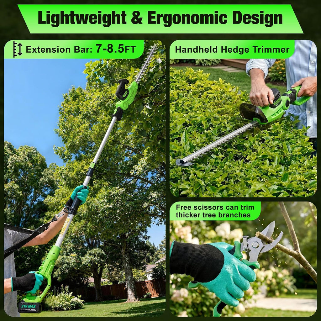 2 in 1 Pole Hedge Trimmer Cordless & Handheld Hedge Trimmer with 2 Pcs 4.0Ah Battery & Charger, 20V Electric Hedge