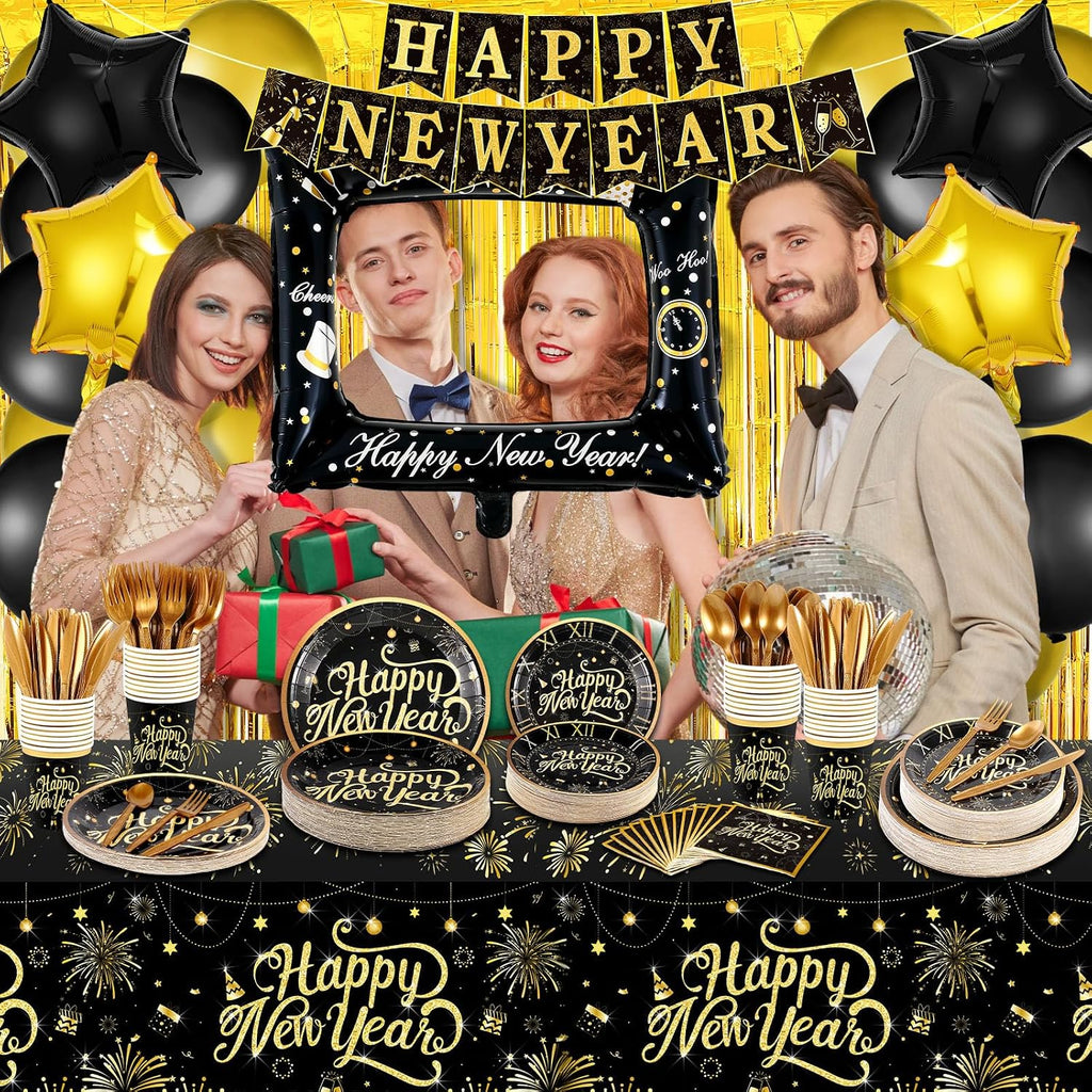 209 Pcs 2026 New Years Eve Party Supplies for 24 Guests Black Gold Tableware Set with Plates Napkins Plastic