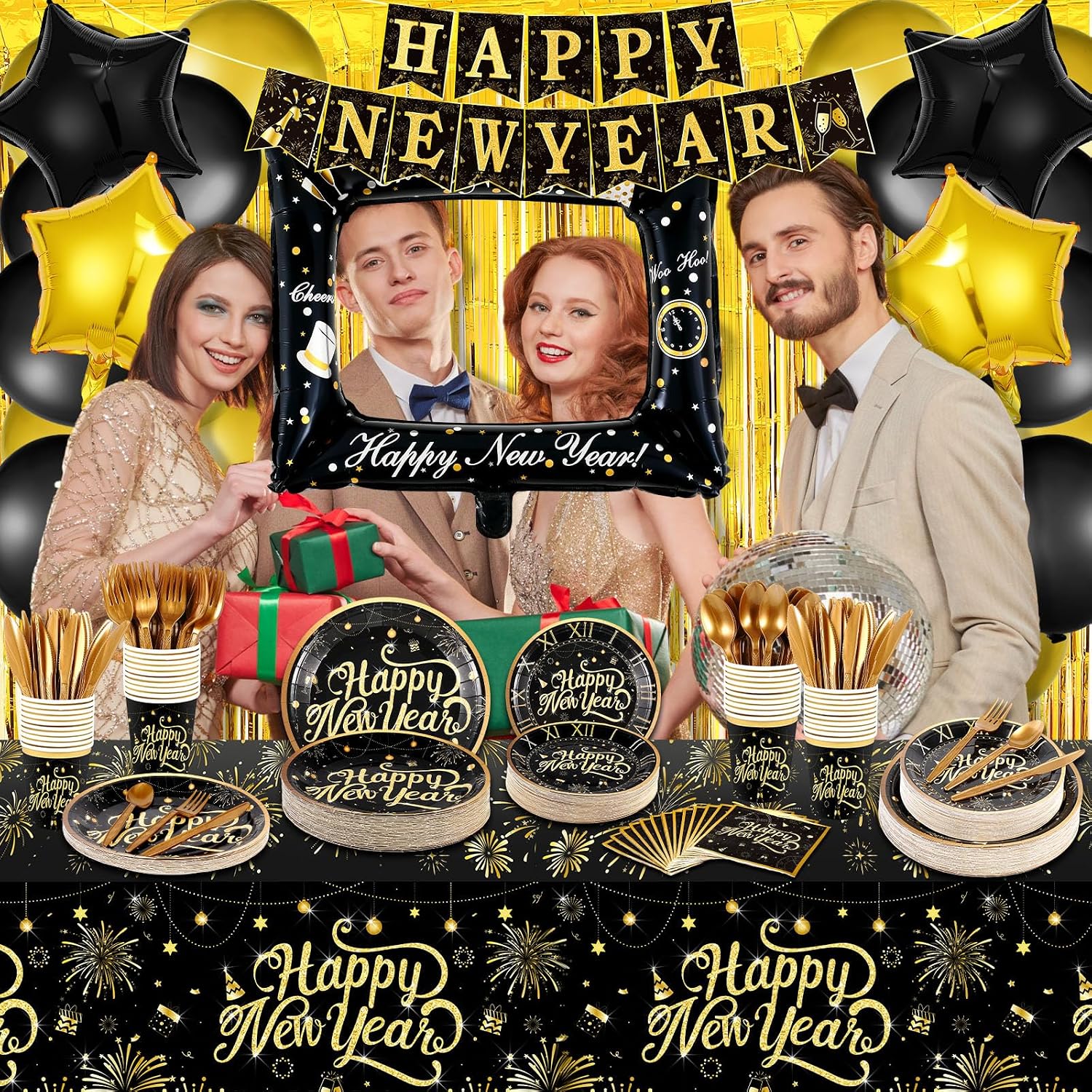 209 Pcs 2026 New Years Eve Party Supplies for 24 Guests Black Gold Tableware Set with Plates Napkins Plastic