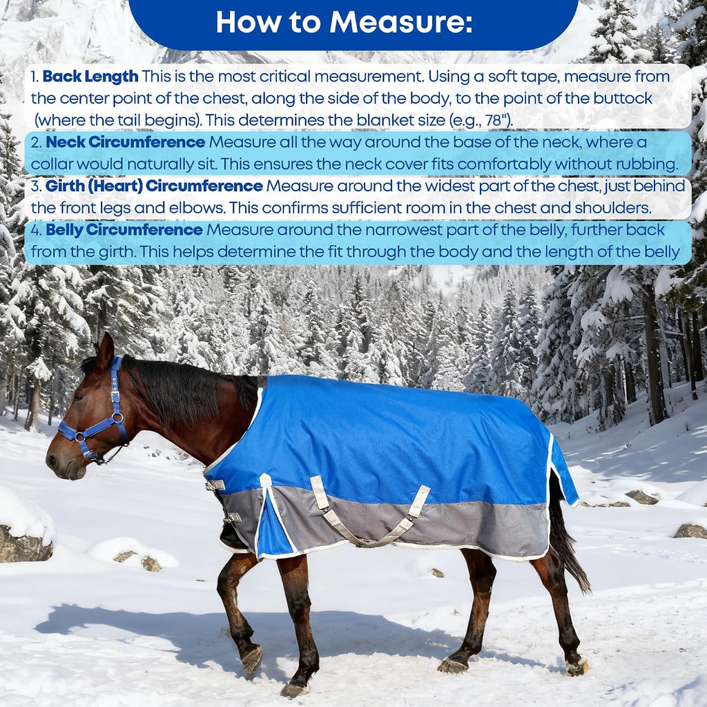 Horse Blanket for Winter, Waterproof, 1200D, 220g (Blue/Gray, 81 in)