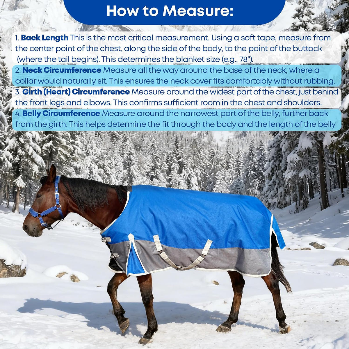 Horse Blanket for Winter, Waterproof, 1200D, 220g (Blue/Gray, 81 in)