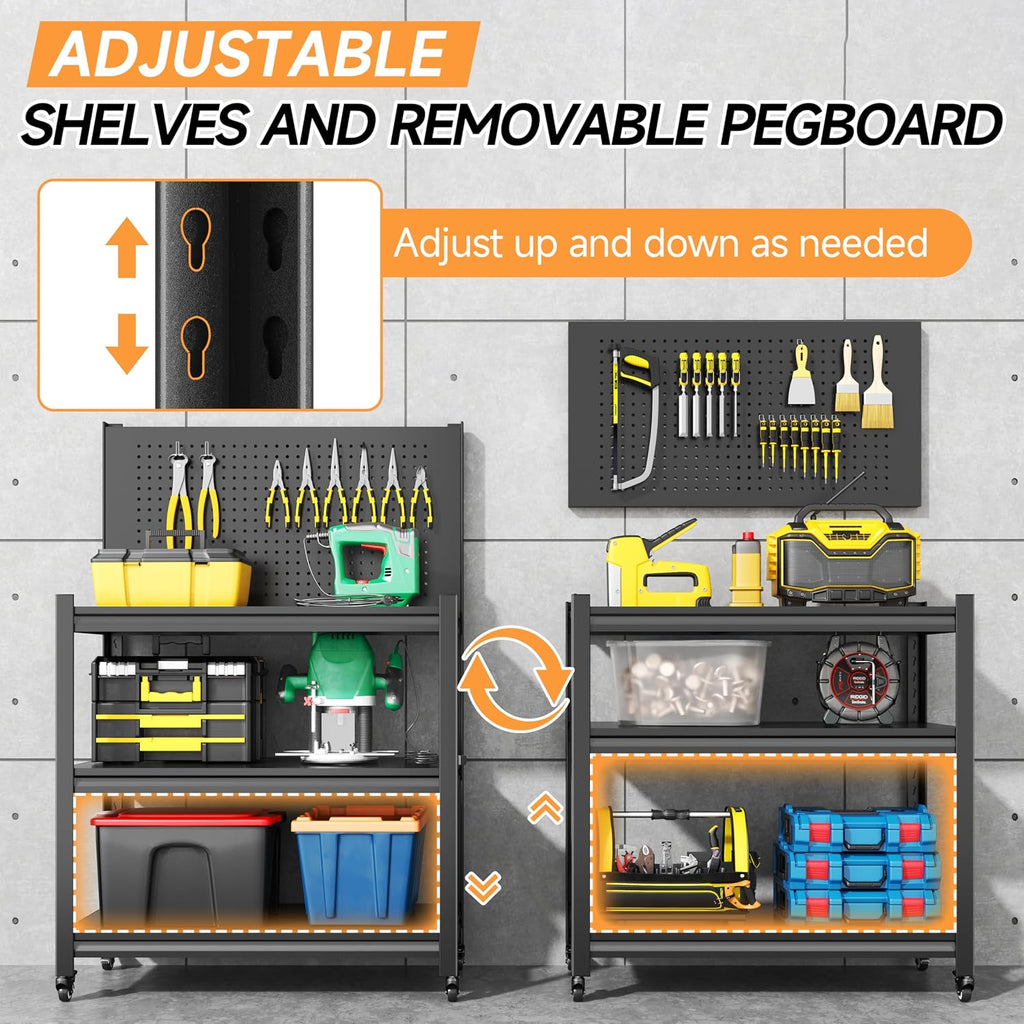 Metal Work Bench with Pegboard, 3 Adjustable Storage Shelves & 4 Lockable Rolling Wheels, Heavy Duty Rolling Garage